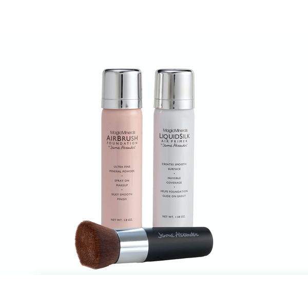 MagicMinerals AirBrush Foundation Set by Jerome Alexander (LIGHT MEDIUM) – 3pc Set Includes Primer, Foundation and Kabuki Brush - Spray Makeup with Anti-aging Ingredients for Smooth Radiant Skin