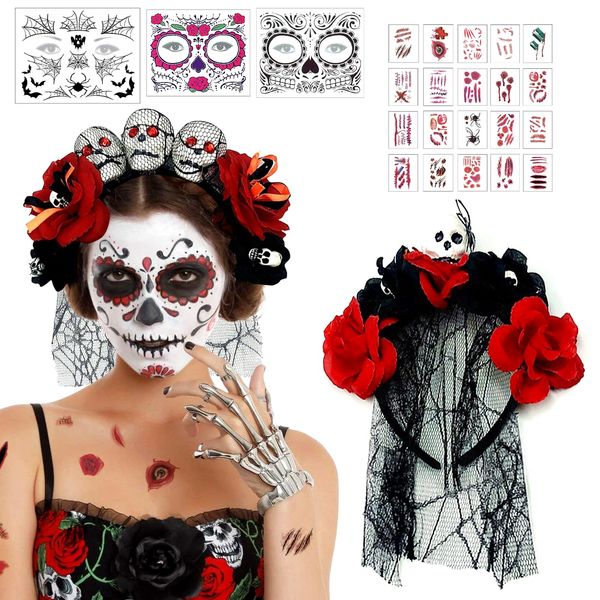 Dia de Los Muertos Haarreif, Halloween Haarreif mit Gesichtstattoos,Tag der Toten Schleier 20 Halloween Tattoos,Halloween Blumen Haarreif, Mexikanische Schleier Tag der Toten Kopfschmuck Kostüm Damen