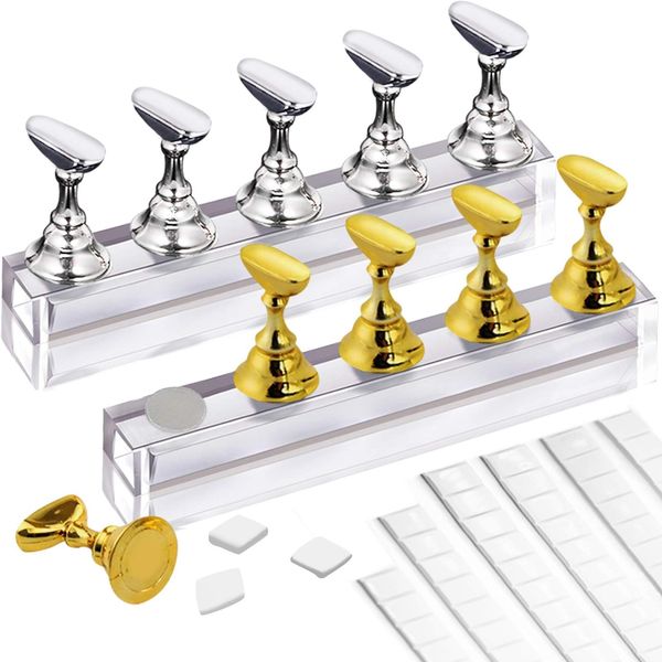 Kalolary 2 Set Acrylic Press on Nail Stand Nail Art Holder Practice Display Stand with Reusable Adhesive Putty, Magnetic Nail Art Tips Holders Training Fingernail DIY for Painting Nails(Gold & Silver)