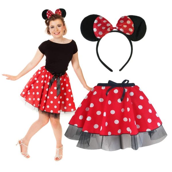 Minnie Mouse Women Tutu Skirt with Headband, Ears & Tail Costume - UK Sizes 8 to 28 - Red, Pink, Fancy Dress, Fun Run, Hen Party (XL, Minnie Mouse Red)