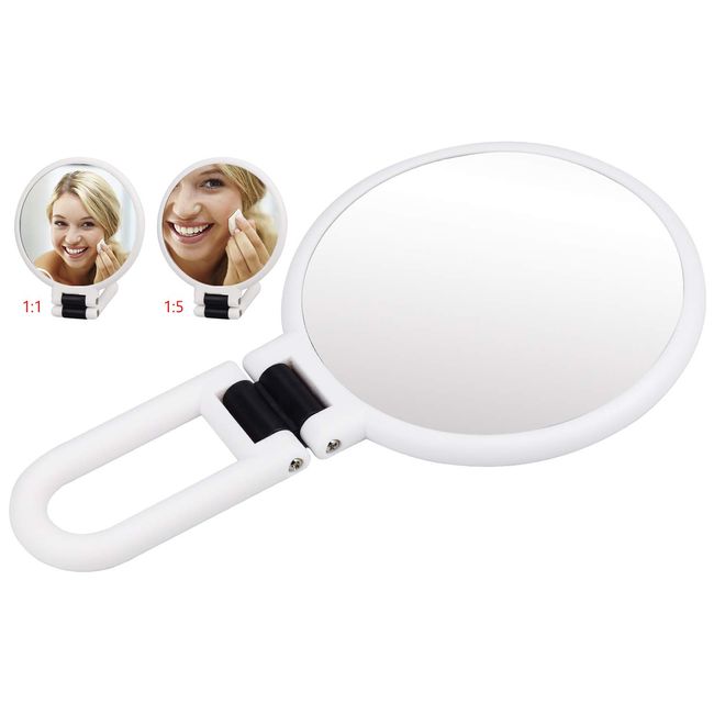 DESON Double-Sided Hand Mirror, 5 x Magnifying Mirror, Foldable Adjustable Mirror with Handle, Round Travel Mirror for Makeup and Styling