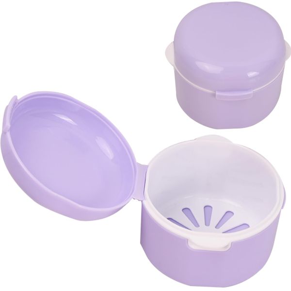 Denture Case Cleanning Box, Braces Bath Cup, Portable False Teeth Storage Container, Orthodontic Dental Retainer Case with Strainer Basket, Hygienic Denture Holder for Storing Soaking (Purple)