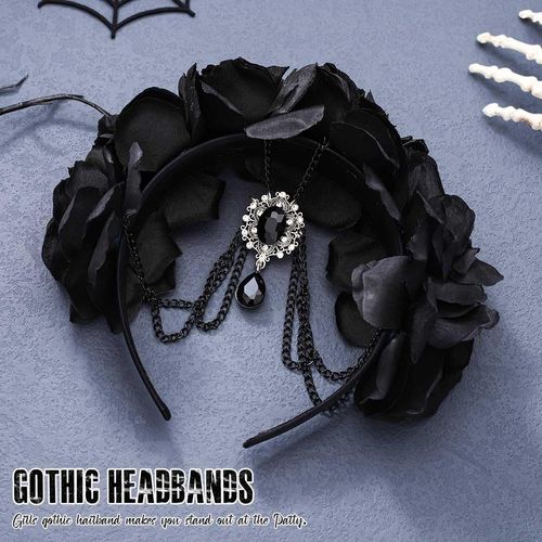 GORTIN Gothic Headband Halloween Black Rose Headpiece Head Chain Vintage Flower Headband Masquerade Cosplay Party Costume Hair Band Witcher Makeup Ball Hair Accessory for Women
