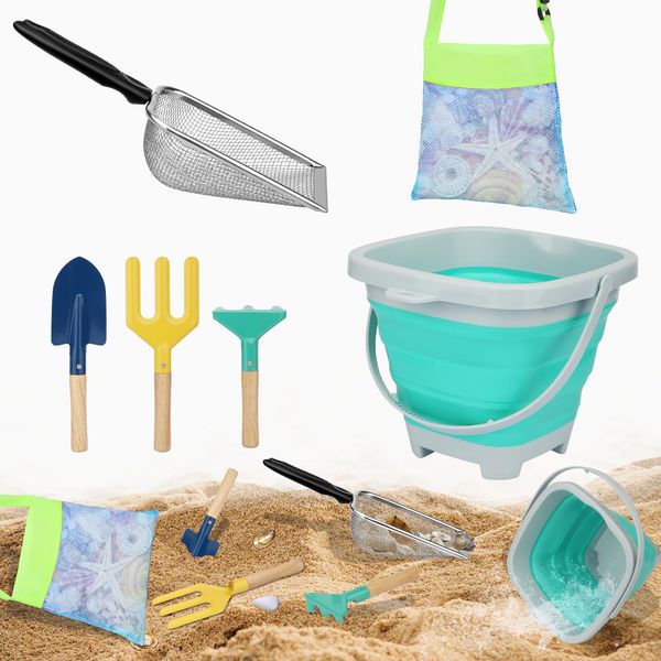 Mototo 6 Pack Beach Toys Beach Sand Toys Set with Collapsible Beach Bucket Mesh Shovel Beach Seashell Bag and Shovel Rake Fork for Picking Up Shells Sand Sifter Fun Summer Activities