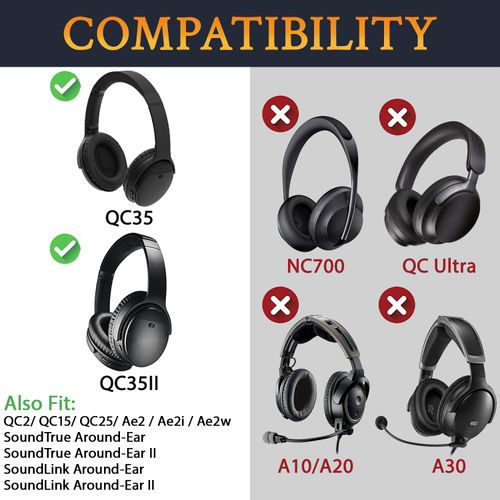 SoloWIT Replacement Earpads Cushions for Bose QuietComfort 35 (QC35) & Quiet Comfort 35 II (QC35 ii) Headphones, Ear Pads with Softer Leather, Noise Isolation Foam, Added Thickness (Black)