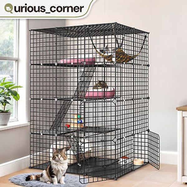 41"x28"x55" Cat Catio Rabbit Hutch w/ Free Hammock & Paw Friendly Black Pet Cage