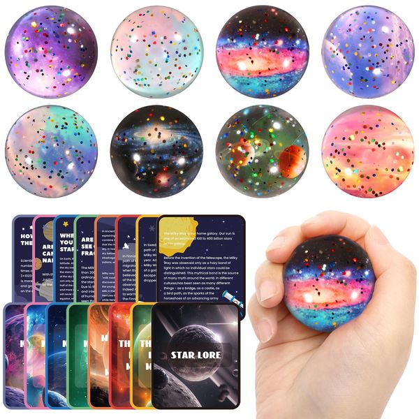 Pllieay 16PCS Solar System for Kids Galaxy Space Toys, 45mm Bouncy Balls Bulk and Galaxy Flashcards for Kids Party Favors, Educational Toys, Space Toys for Kids