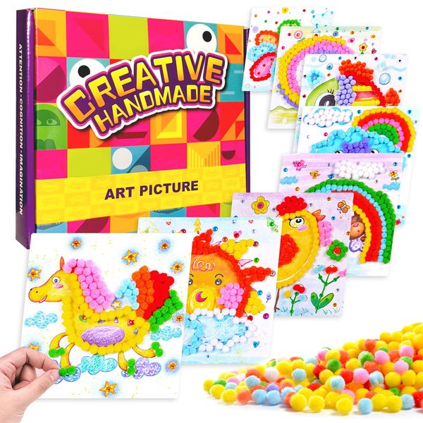 PHOGARY Pom Pom Art, DIY Paper Craft Kit for Kids Small Pom Pom Pictures, Sticker Flower Animals Rainbow Pom Poms Painting Arts & Crafts Supplies, Colored Pompoms Family Activities Craft, 8