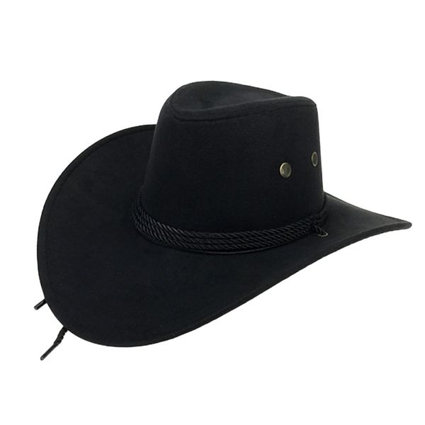 UwantC Mens Faux Felt Western Cowboy Hat Fedora Outdoor Wide Brim Hat with Strap Black