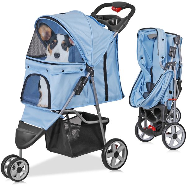 Dog Stroller 3 Wheels Pet Stroller Cat Jogger Stroller Lightweight Foldable Blue