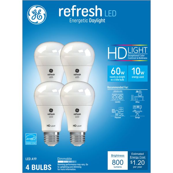 GE Refresh LED Light Bulbs, 60 Watt, Daylight, A19 (4 Pack)