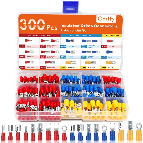 Gorffy Crimp Connectors 300 Pcs, Auto Electrical Connectors 0.5-6.0mm², Male Female Spade Connectors Kit, Ring Wire Connectors Crimp Terminal Connector, Cable Connector