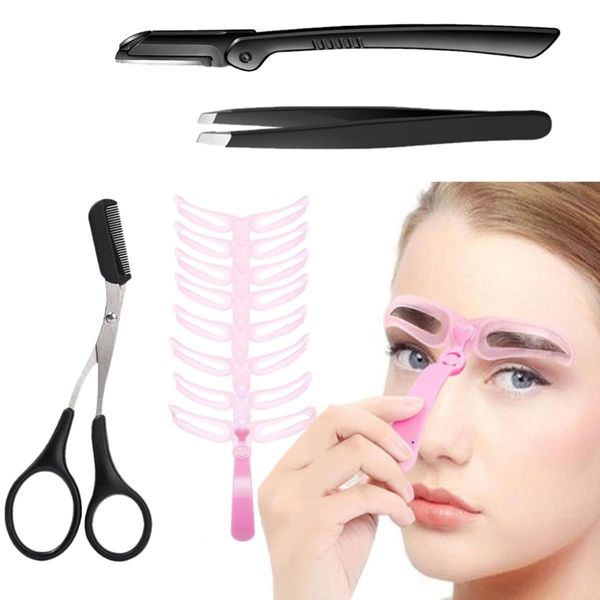 KARLOR Eyebrows Stencils Brow Trimmer Tool set, 8 eyebrow templates 3 eyebrow trimmer set eyebrow scissors with Comb shavering eyebrows tweezers brows trim tool set for beginners