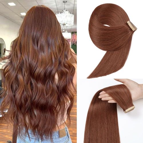 YDDM Tape-In Real Hair Extensions, 20 Pieces, 35 cm, 40 g, Dark Red Brown Invisible Tape Extensions, Real Hair Tape Extensions, Skin Weft Hair Extensions (14 Inches, 33)