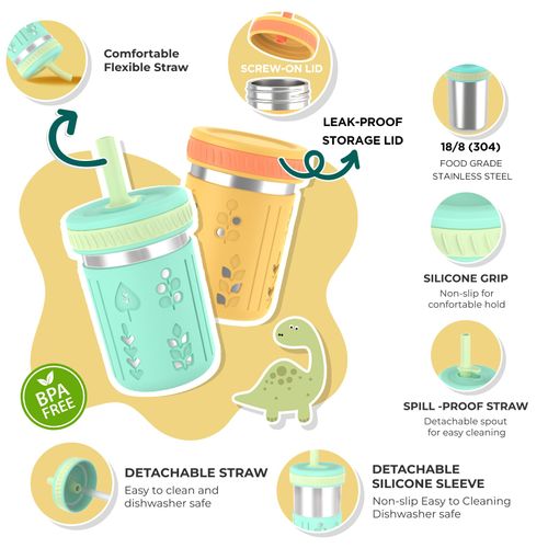 Tronco Stainless Steel Sippy Toddler Cups, 10 oz Mason Jar Kids Smoothie Cups with Silicone Sleeves & Spill Resistant Flexible Straw, BPA-Free, Dishwasher Safe, Snack Cup for Toddlers