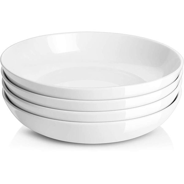 DOWAN 9.75" Large Pasta Bowls, Ceramic Salad Bowls 50 Ounce, Shallow Pasta Bowls Set of 4, Serving Bowls and Plates Set, Microwave and Dishwasher Safe, White