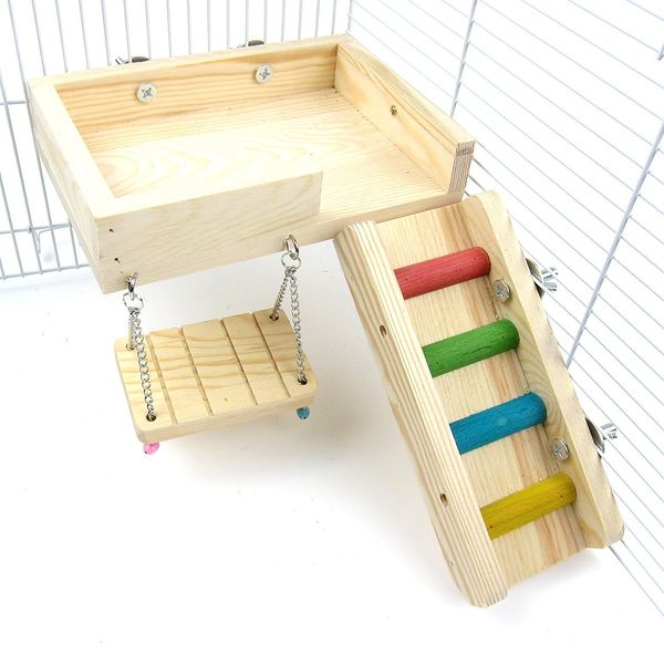 Wooden Platform Ladder Stand Swing Climbing Biting Toy for Mouse Chinchilla Rat Gerbil and Dwarf Hamster Climbing Toy (M)