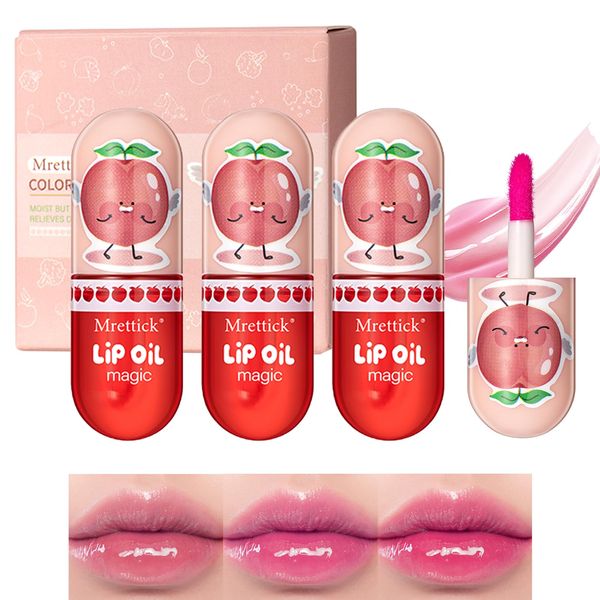 Mrettick 3Packs Hydrating Lip Oil Temperature Color Changing Lip Oil Plumping Lip Gloss Moisturizing Lip Oil Tinted for Lip Care and Dry Lip (#1, M)