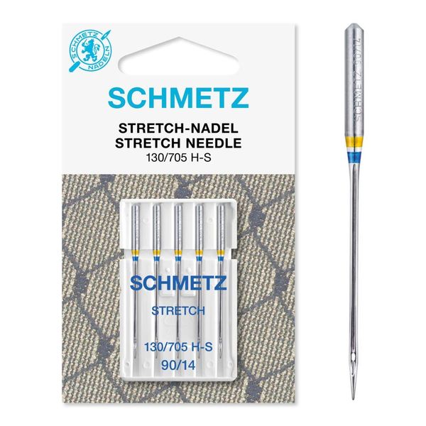 SCHMETZ Domestic Sewing Machine Needles | 5 Stretch Needles | 130/705 H-S | Needle size 90/14 | For working with elastic fabrics with thicker sewing threads | Can be used on almost conventional household sewing machines