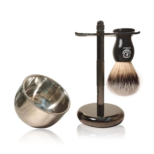 Premium Shaving Brush Kit-3 in 1 Shaving Brush Set for Men Includes Badger Synthetic Hair Shaving Brush,Stainless Steel Shaving Soap Bowl and Safety Stand for Mens Shaving Gift Set (Black)