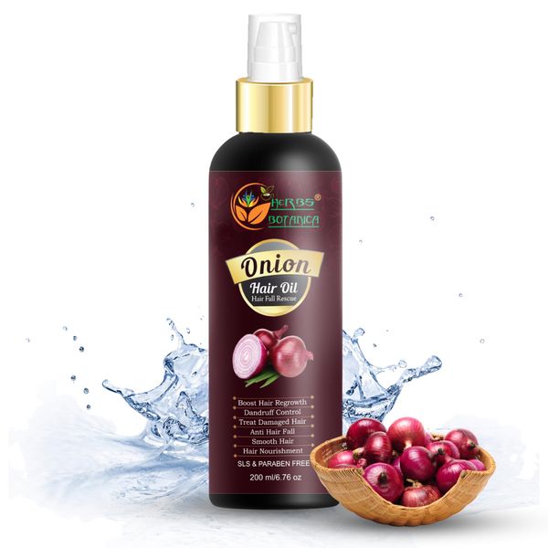 HERBS BOTANICA Red Onion OIl for Hair Growth with Black Seed Onion Hair Oil Growth Essentials Vitamins Onion Oil, Jojoba, Argan, Tea Tree, Sandalwood, Rose Oils Controls Hair Loss 6.76 fl oz / 200