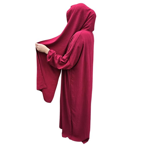 Yaqeen Abaya + attached Headscarf one Piece Prayer dress Jilbab Hijab Ideal for/Home/School/Travel/Mosque/Madrassa/Masjid/Ramadan/Eid (Burgundy)