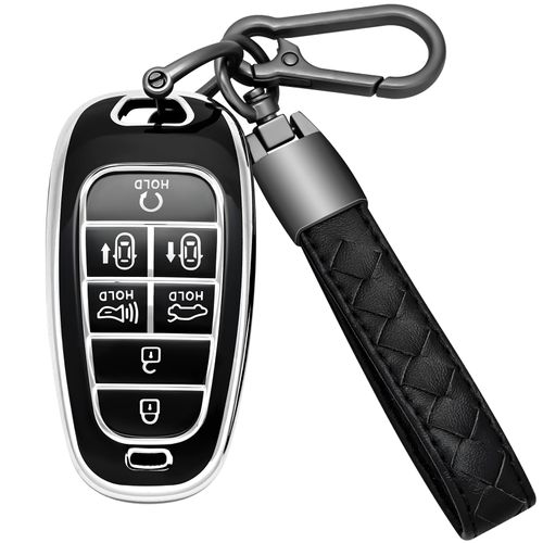 TOGAFEY for Hyundai Key Fob Cover with Keychain Soft TPU Car Key Case Holder 360 Degree Protection for 2019-2024 Hyundai Palisade Sonata Santa fe Tucson 7 Buttons Smart Key(B Black)