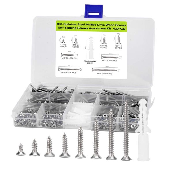 420pcs M3 Flat Head Self-Tapping Screws Assortment Kit,304 Stainless Steel Wood Screw Phillips Flat Head,Contains 20pcs M6 Screw Anchors