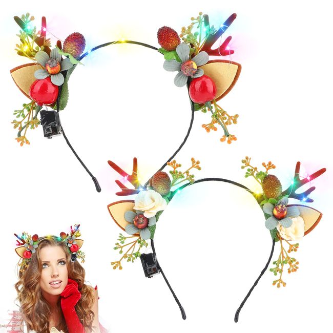 YuLohass 2Pcs LED Christmas Headbands for Women, Christmas Headbands with LED Light & Leopard Print Cat Ear, Christmas Gifts Hair Hoop Headdress for Women Girls Party Christmas Decorations