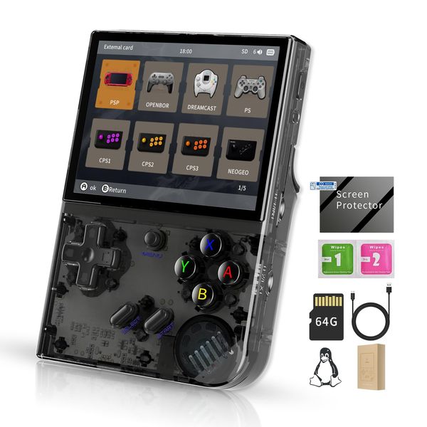 RG35XX Plus Retro Handheld Game Console 3.5 Inch IPS Screen Linux System 3300mAh Battery Built-in 64G TF Card 5515 Games Support HD-M-I TV Output 5G WiFi Bluetooth 4.2(Transparent Black)