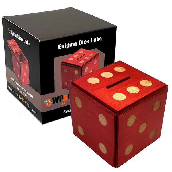 Puzzle Box Enigma Dice Cube - Money and Gift Holder in a Wooden Magic Trick Lock with Hidden Compartment Piggy Bank Brain Teaser Game (Red)