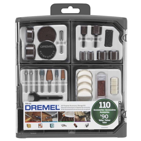 Dremel 709-02 110-Pieces All-Purpose Rotary Tool Accessory Kit- Includes a Carving Bit, Sanding Drums, Grinding Stones, Cutting Discs, and a Storage Case , Gray