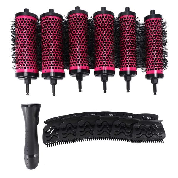 Pyatofyy 6pcs/set 3 Sizes Detachable Handle Hair Roller Brush with Positioning Clips Aluminum Ceramic Barrel Curler Comb Hairdresser