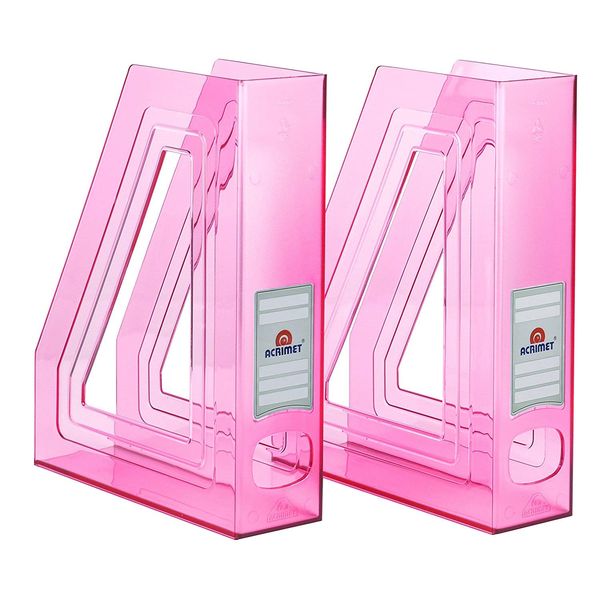Acrimet Magazine File Holder, Durable Rack, Space-Saving Organizer (Plastic) (Clear Pink Color) (2 pack)