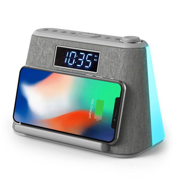 i-box Alarm Clocks Bedside, Alarm Clock with Wireless Charging, Bluetooth Speaker, FM Radio, Qi Wireless Charger, White Noise Machine, Night Light/Mood Light, USB Port, Dimmable, Non Ticking