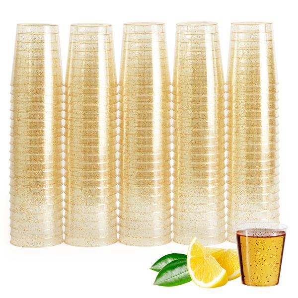 MATANA 100 Clear Hard Plastic Double Shot Glasses with Gold Glitter, 60ml - Reusable Jello & Tequila Shots, Dessert Pots, Sample Tasting Cups - Birthdays, Weddings, BBQs, Parties