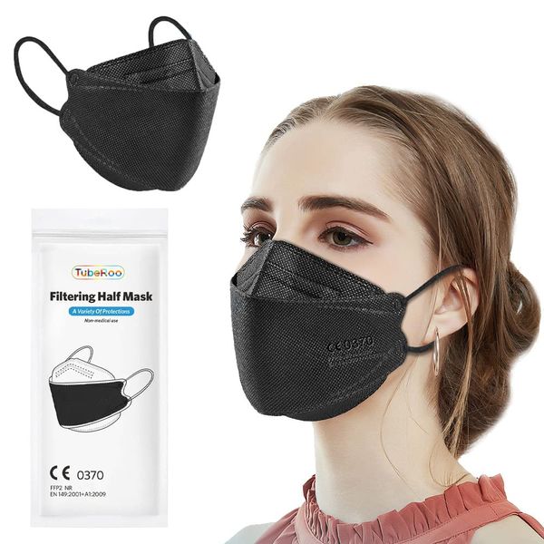 TubeRoo FFP2 Maske schwarz Fischform 10 Stück Masken, weiche runde Ohrschlaufen Gummiband, Atemschutzmaske, Fisch Maske, Mundschutz, Schutzmaske