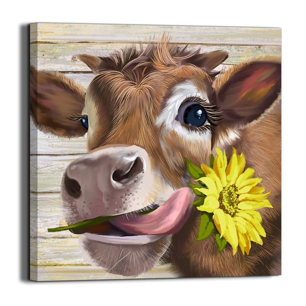 Cow Pictures Wall Decor Country Farmhouse Canvas Wall Art Rustic Sunflower Bathroom Decor Framed Artwork Paintings for Wall Decorations for Bedroom Office Kitchen Living Room,Ready to Hang 14" X 14"