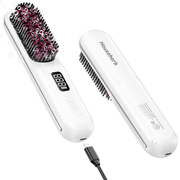 Househerb Cordless Hair Straightener Brush, Portable Mini Hair Straightening Brush for Travel, Rechargeable 9600 mAh USB-C, Lightweight Anti-Scald Heated Styling Tools & Appliances