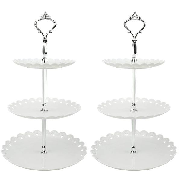 Hotoco 3-tier White Silver Plastic Dessert Stand Pastry Stand Cake Stand Cupcake Stand Holder Serving Platter for Party Wedding Home Decor-Small-set of 2