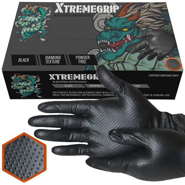 Xtremeauto Nitrile Gloves - Disposable Gloves, Diamond Grip Black Gloves - Powder-free & Latex Free Nitrile Gloves, Extra Thick & Strong Rubber Gloves Mechanics Gloves (1 Box, Medium)