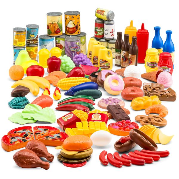 Jaxojoy 122 Piece Pretend Play Food Set for Kids - Toy Food for Kids Kitchen Set, Pretend Play Kitchen Food, Kids Kitchen Accessories Set