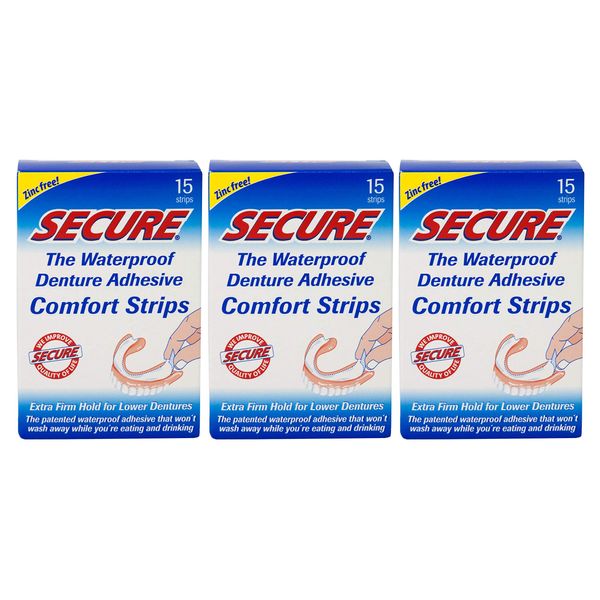 Secure Comfort Strips Waterproof Denture Adhesive - Zinc Free - Extra Firm Hold For Lower Dentures - 15 Strips (Pack of 3)