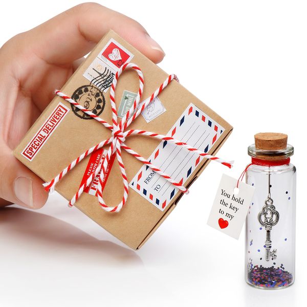 VELENTI Romantic Message in a Bottle - Gift for Him, Her - Miniature Glass Message Bottle with Cork and Wish Card - Charming Wedding, - Valentine's Day Gifts (with cute craft paper box)