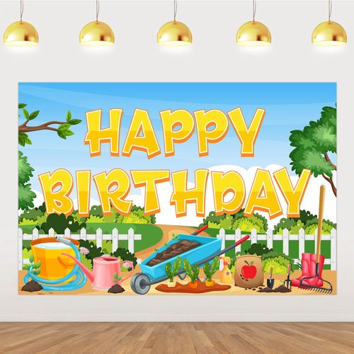 Gardening Birthday Decorations Horticulture Backdrop Gardening Tool Happy Birthday Backdrop Watering Pot Shovel Vegetable Farm Background Banner for Kids Adults Birthday Party Supplies 5x3ft