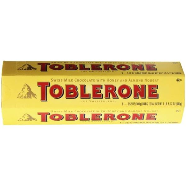 Toblerone Swiss Milk Chocolate with Honey and Almond Nougat, 6 - 100g Bars, Total Net Wt 600g, 3.52 Ounce (Pack of 6)