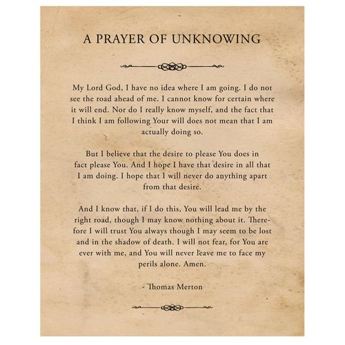 Prayer Unknowing Thomas Merton Quote Prints, 1 (11x14) Unframed Photos, Simple Wall Art Decor Gift for Home Office Man Cave Work Garage Shop School College Student Teacher Coach Leader Mentor Fans
