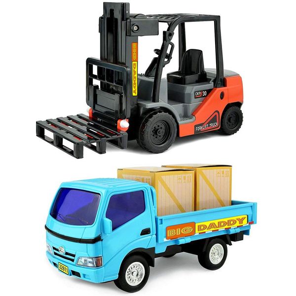 Big Daddy Trucks - Medium Sized Lightweight Friction Powered Forklift with an extendable Loader and Pickup Truck with 2 Cargo Boxes Combo