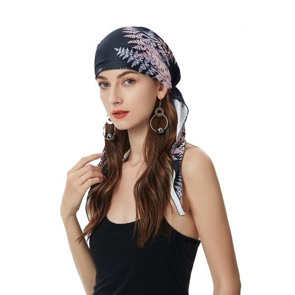 ZLYC Damen Chemo Turban Mütze Vorgebundenes Kopftuch Headwraps Leichte Hut (Blätter rosa schwarz)