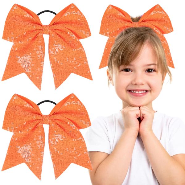 2 PCS 8" Large Cheer Bows Sequin Cheer Hair Bows Ponytail Holders Cheerleading Bows for Jumbo Cheerleading Teen Girls Sports (Orange)